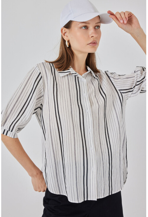Kadın Çizgili Kısa Kol Gömlek 20345