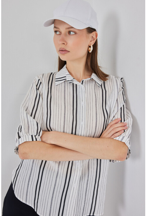 Kadın Çizgili Kısa Kol Gömlek 20345