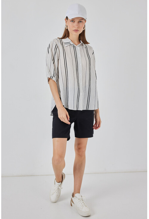 Kadın Çizgili Kısa Kol Gömlek 20345