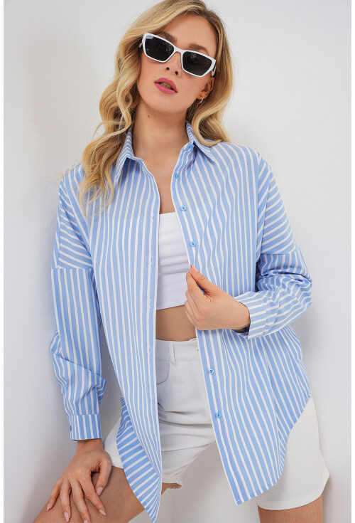 Kadın Çizgili Oversize Gömlek 20332
