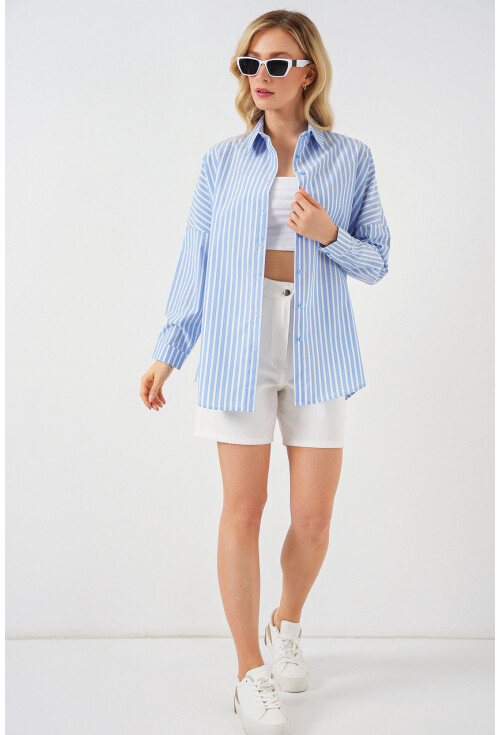 Kadın Çizgili Oversize Gömlek 20332