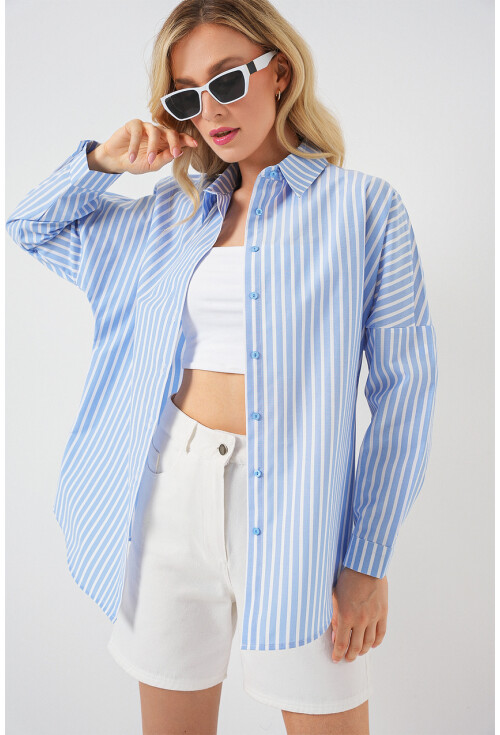 Kadın Çizgili Oversize Gömlek 20332