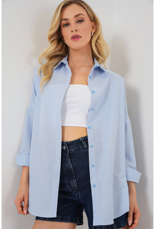 Kadın Çizgili Oversize Gömlek 20332