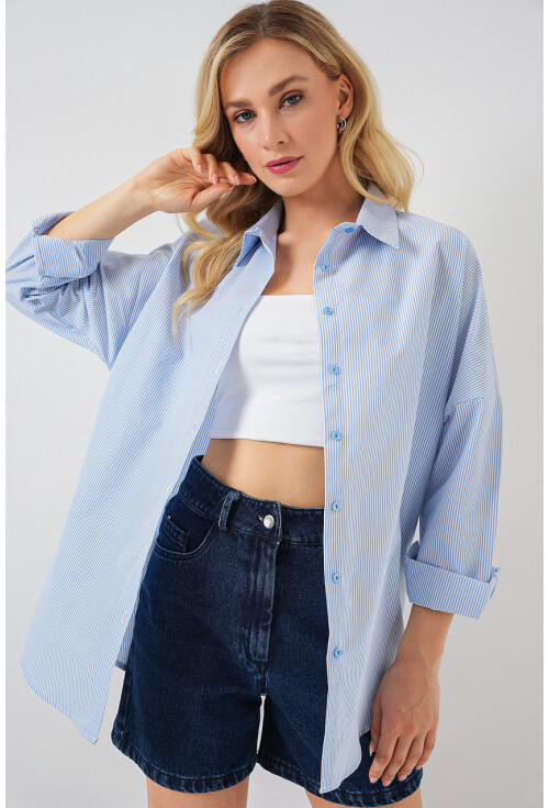 Kadın Çizgili Oversize Gömlek 20332