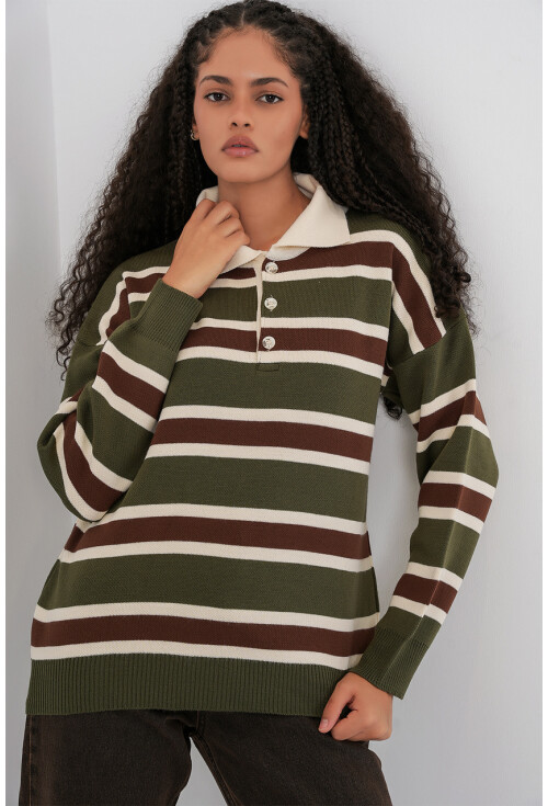 Kadın Çizgili Polo Yaka Triko Kazak 15952