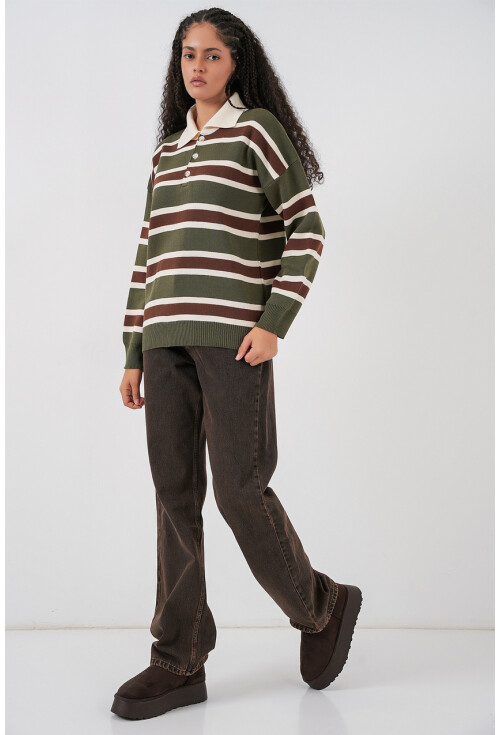 Kadın Çizgili Polo Yaka Triko Kazak 15952