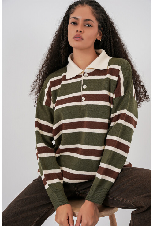 Kadın Çizgili Polo Yaka Triko Kazak 15952
