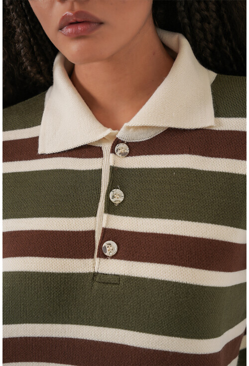 Kadın Çizgili Polo Yaka Triko Kazak 15952