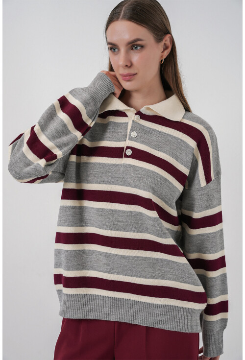 Kadın Çizgili Polo Yaka Triko Kazak 15952