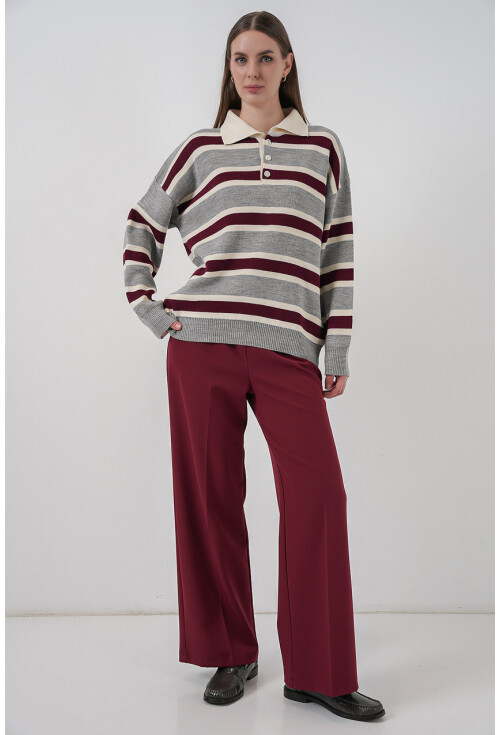 Kadın Çizgili Polo Yaka Triko Kazak 15952