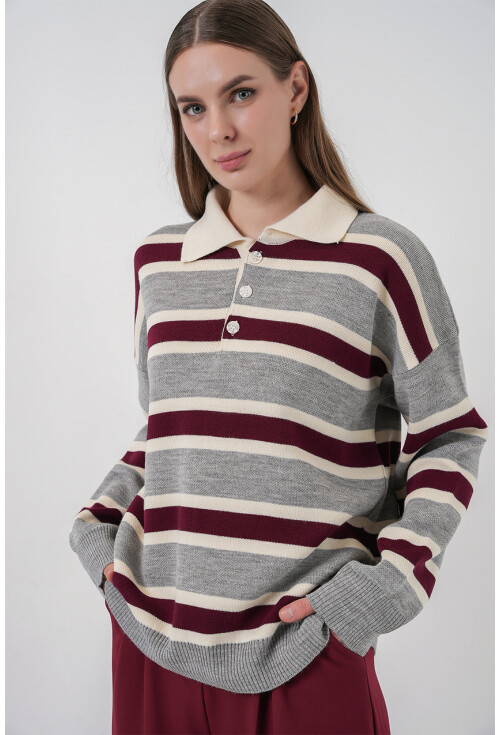 Kadın Çizgili Polo Yaka Triko Kazak 15952