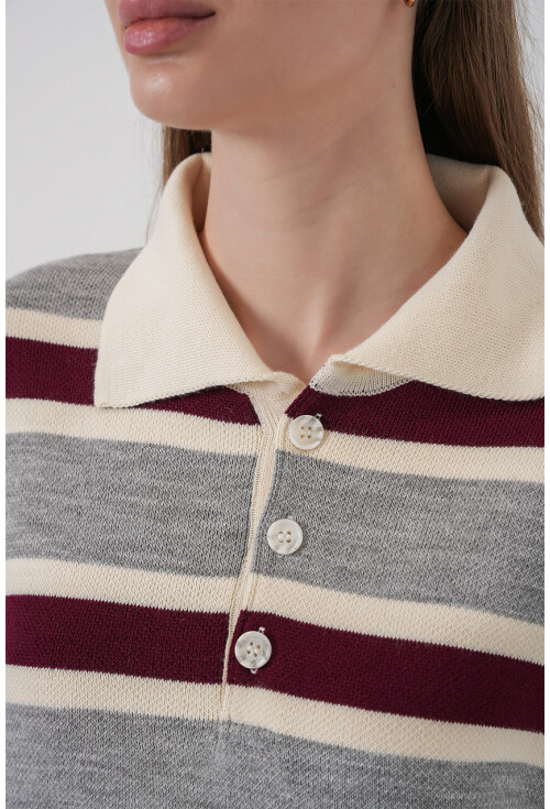 Kadın Çizgili Polo Yaka Triko Kazak 15952