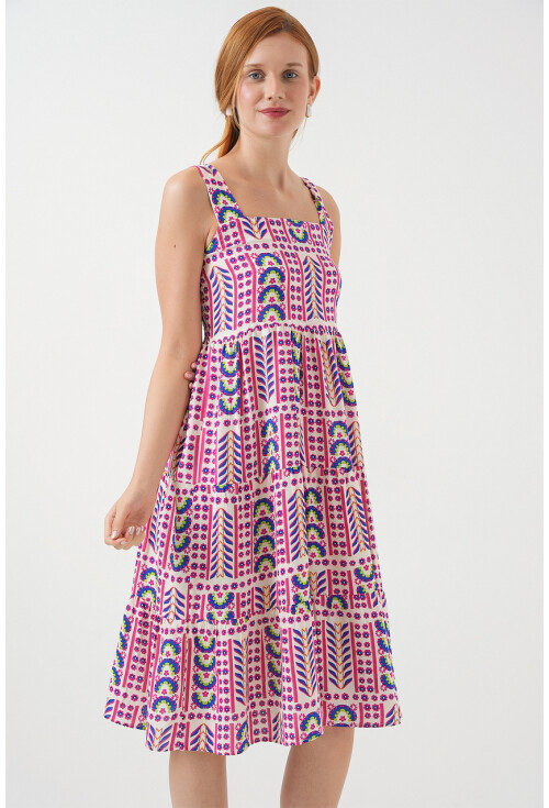 Kadın Desenli Askılı Midi Elbise 2577