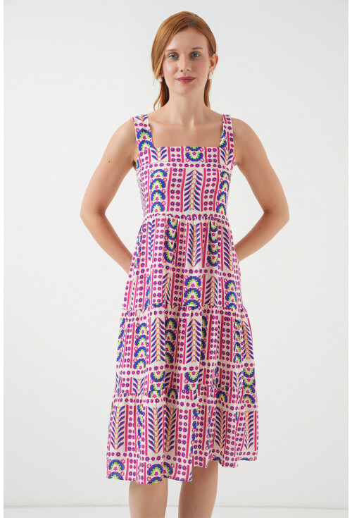 Kadın Desenli Askılı Midi Elbise 2577