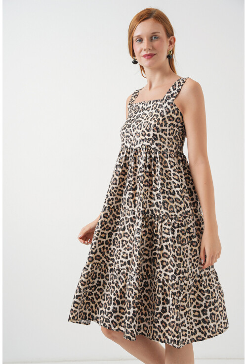 Kadın Desenli Askılı Midi Elbise 2577