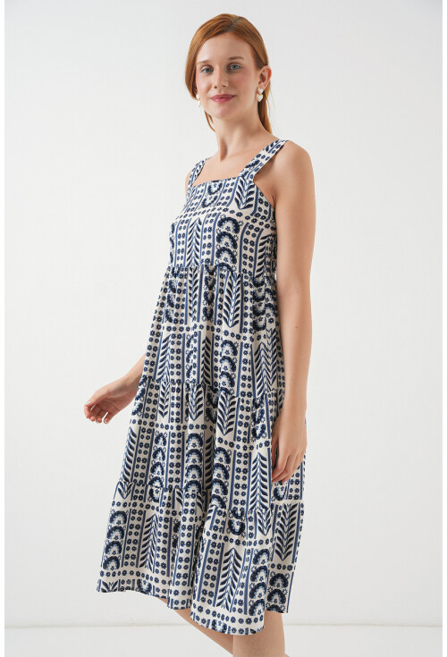 Kadın Desenli Askılı Midi Elbise 2577