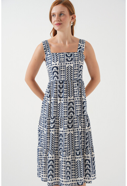 Kadın Desenli Askılı Midi Elbise 2577