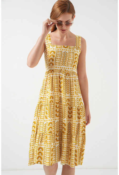 Kadın Desenli Askılı Midi Elbise 2577