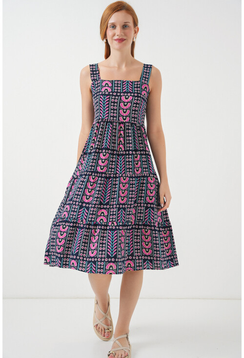 Kadın Desenli Askılı Midi Elbise 2577