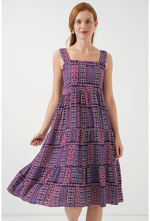 Kadın Desenli Askılı Midi Elbise 2577