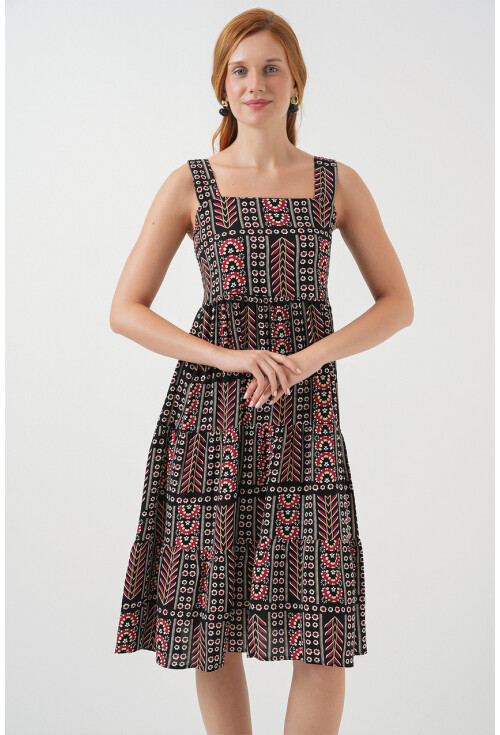 Kadın Desenli Askılı Midi Elbise 2577