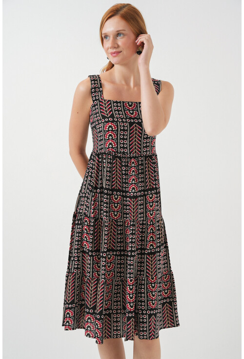 Kadın Desenli Askılı Midi Elbise 2577