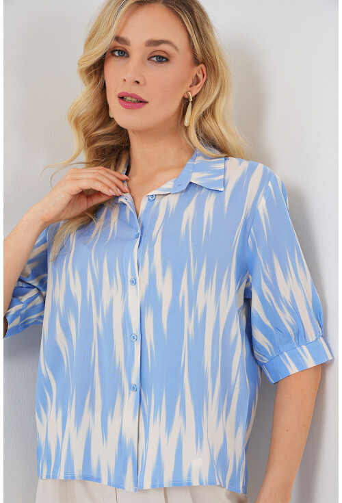 Kadın Desenli Kısa Kol Crop Gömlek 20337