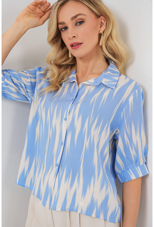 Kadın Desenli Kısa Kol Crop Gömlek 20337