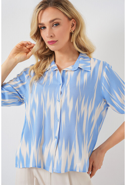 Kadın Desenli Kısa Kol Crop Gömlek 20337