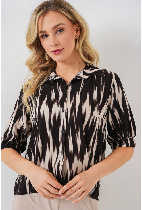 Kadın Desenli Kısa Kol Crop Gömlek 20337