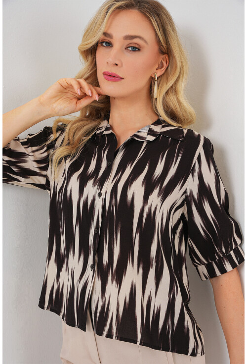 Kadın Desenli Kısa Kol Crop Gömlek 20337