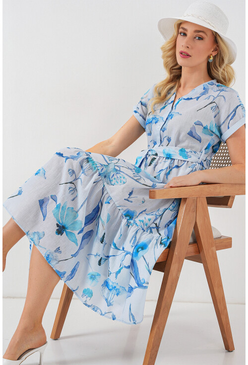 Kadın Desenli Kısa Kol Elbise 2558