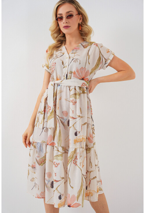 Kadın Desenli Kısa Kol Elbise 2558