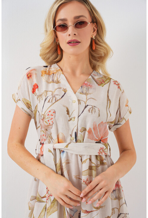 Kadın Desenli Kısa Kol Elbise 2558