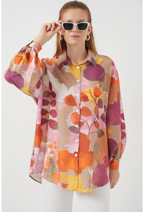 Kadın Desenli Overize Gömlek Tunik 5971
