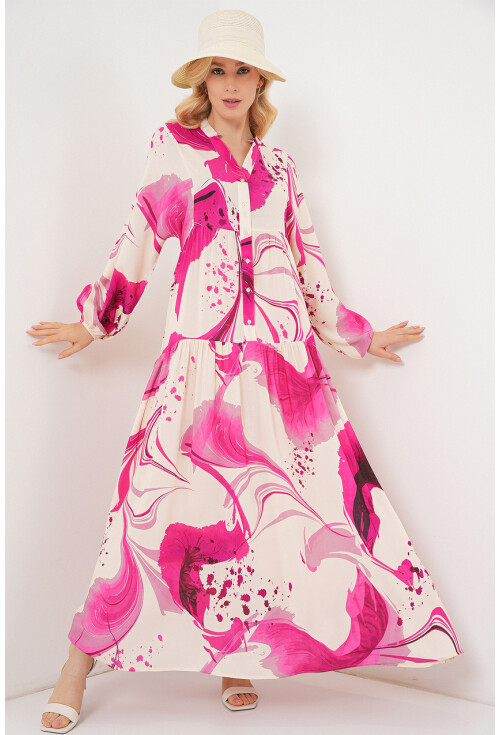 Kadın Desenli Uzun Tesettür Elbise 2585