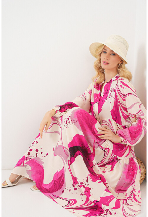 Kadın Desenli Uzun Tesettür Elbise 2585