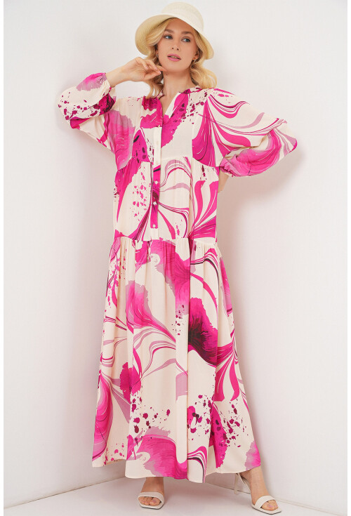 Kadın Desenli Uzun Tesettür Elbise 2585