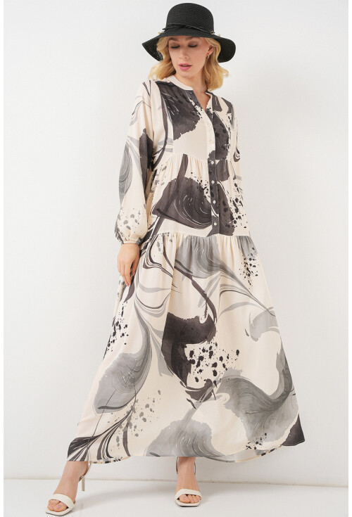 Kadın Desenli Uzun Tesettür Elbise 2585