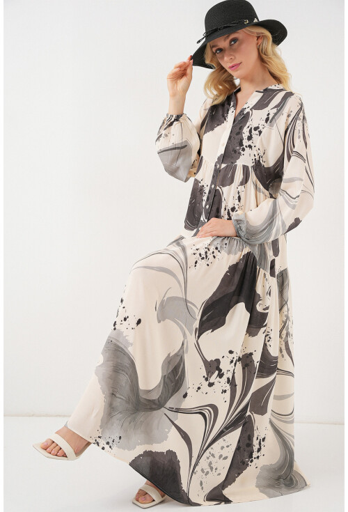 Kadın Desenli Uzun Tesettür Elbise 2585