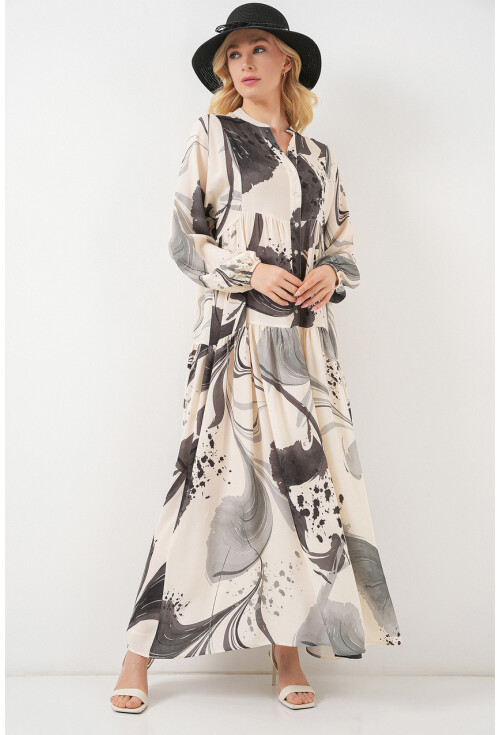 Kadın Desenli Uzun Tesettür Elbise 2585