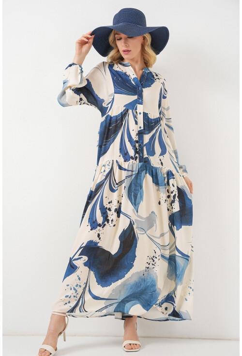 Kadın Desenli Uzun Tesettür Elbise 2585