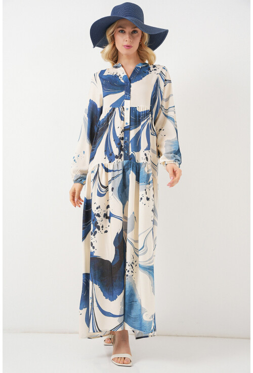 Kadın Desenli Uzun Tesettür Elbise 2585