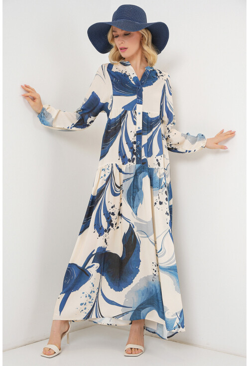 Kadın Desenli Uzun Tesettür Elbise 2585