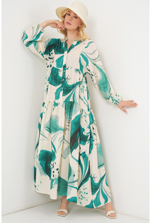 Kadın Desenli Uzun Tesettür Elbise 2585