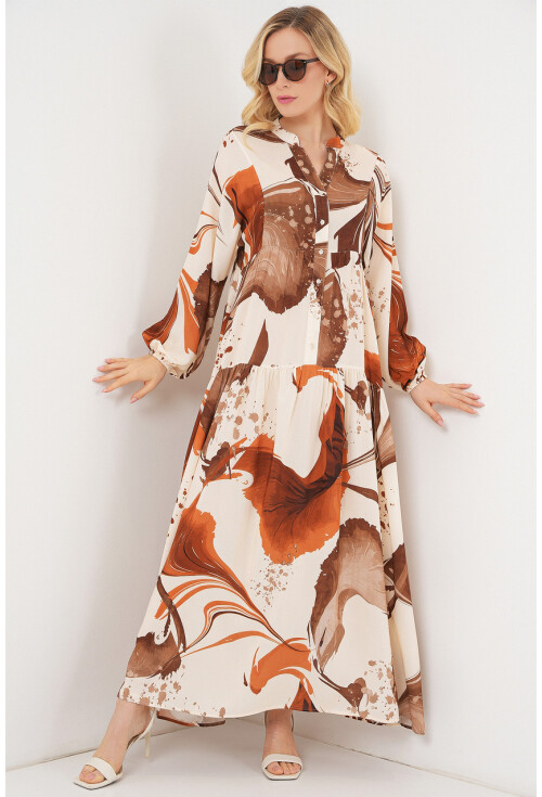 Kadın Desenli Uzun Tesettür Elbise 2585