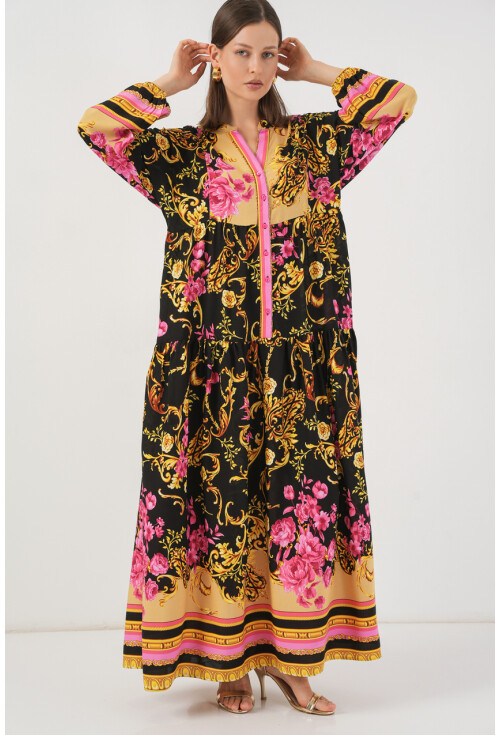 Kadın Desenli Uzun Tesettür Elbise 2585