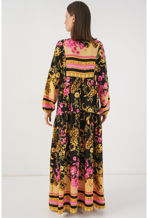 Kadın Desenli Uzun Tesettür Elbise 2585