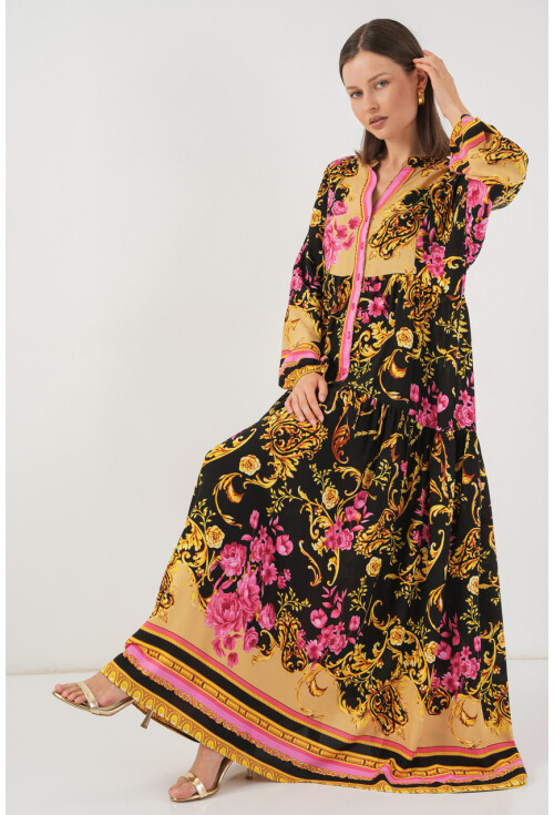 Kadın Desenli Uzun Tesettür Elbise 2585