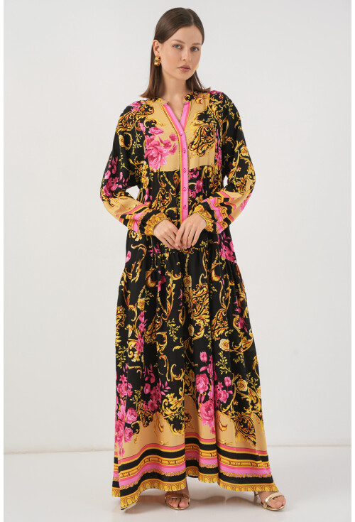 Kadın Desenli Uzun Tesettür Elbise 2585